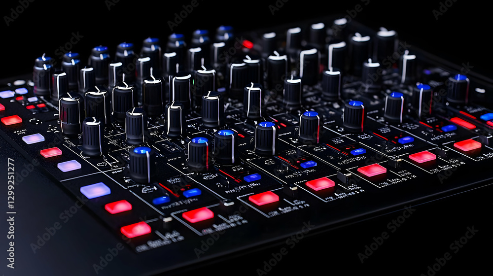 Poster close up of modern black audio mixer with illuminated buttons and knobs on dark background