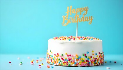 Una toma de estudio muestra un pastel blanco glaseado adornado con chispitas de colores, rematado con un cartel de "Feliz cumplea&ntilde;os" en l&aacute;mina dorada, sobre un fondo azul claro