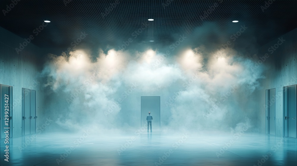 Poster mysterious figure in a foggy corridor abstract space digital art surreal environment central viewpoi