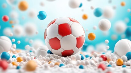 Vibrant pile of balls with a soccer ball centerpiece, colorful sports scene soccer