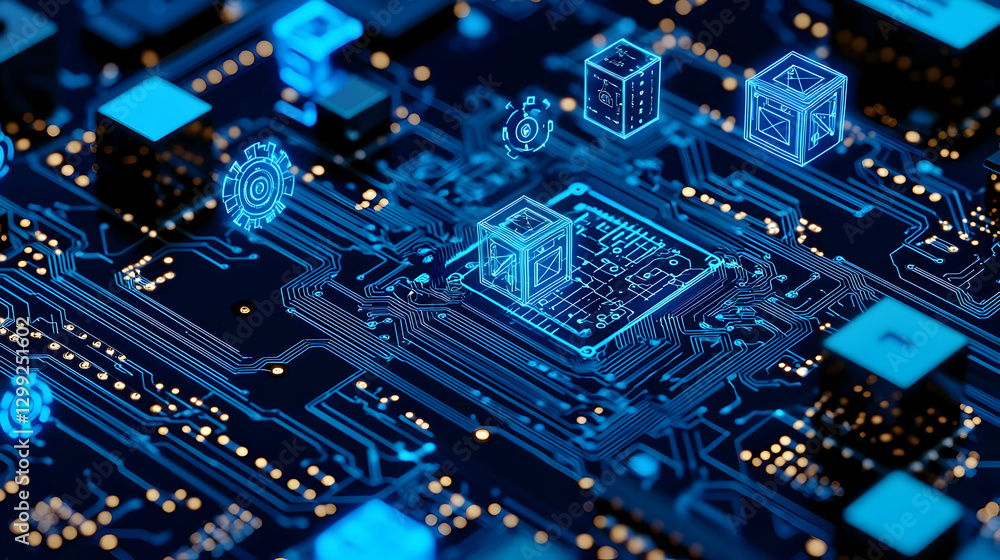 Poster close up of a blue illuminated circuit board with abstract patterns and electronic components