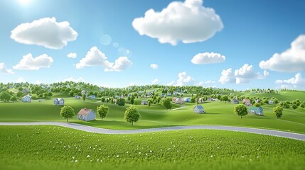Serene countryside landscape, green field with houses nestled among trees lush
