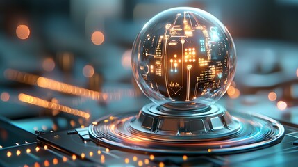 Futuristic technology orb displaying digital data high-tech laboratory 3d model modern environment close-up view innovation concept for seo impact