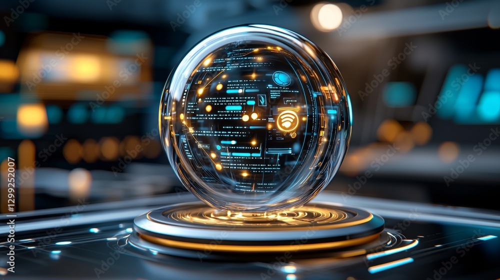 Poster exploring futuristic technology sphere digital laboratory 3d render high-tech environment close-up v