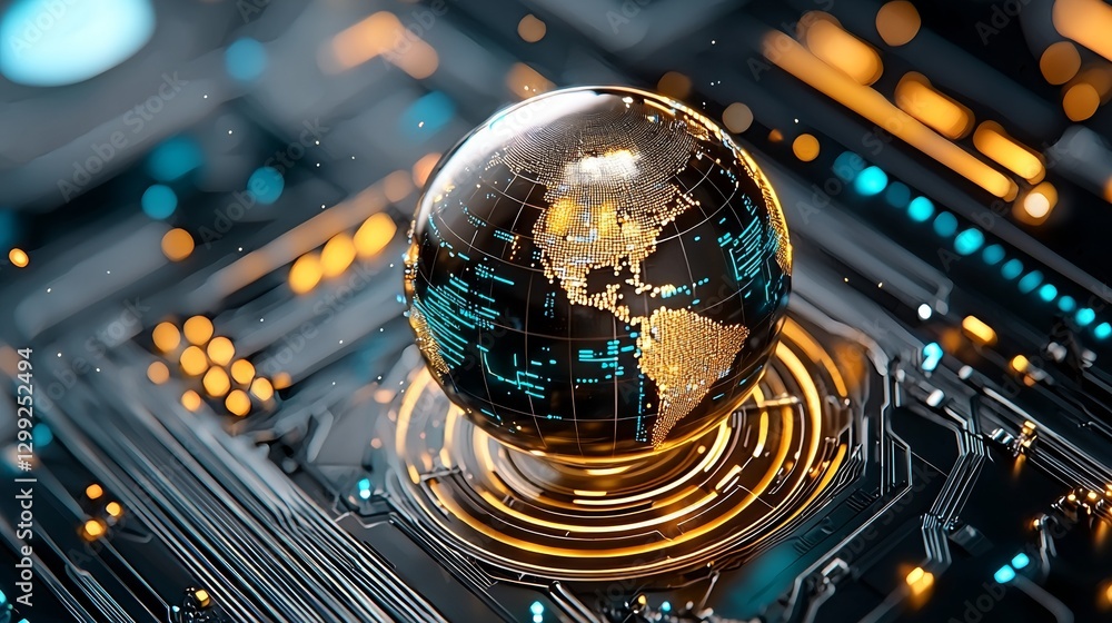 Poster innovative technology integration digital globe representation modern workspace 3d visualization fut