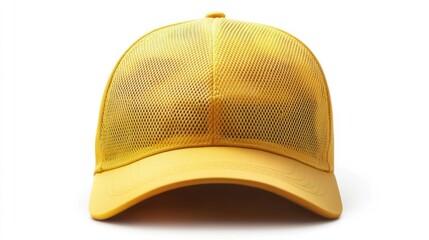 Fototapeta premium A yellow snapback hat with a mesh back panel for breathability, isolated on a white background.