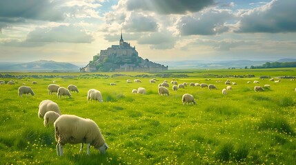 Fototapeta premium Sheep in a meadow with a view of Mont Saint Michel