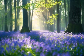 Beautiful bluebells in the forest at sunrise in springtime