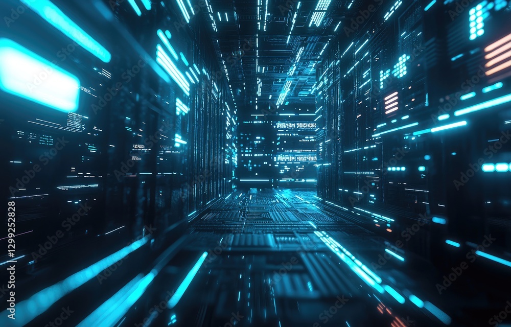 Poster futuristic digital corridor with glowing blue circuits, advanced server walls, and cyber grid patter