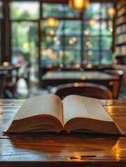 Obraz premium An open poetry book rests on a wooden table, bathed in soft natural light, creating a serene and reflective atmosphere