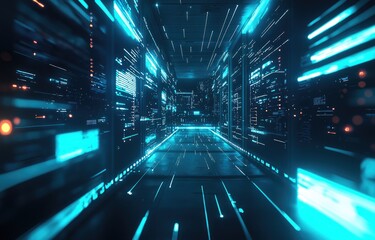 Fototapeta premium High-tech futuristic data center corridor with glowing blue digital lines, advanced server panels, and cyber network effects. Ideal for AI, cybersecurity, cloud computing, and innovation themes
