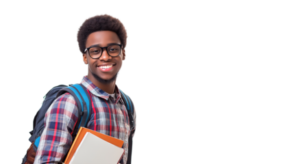 Smiling Young African Student with Books and Backpack, Isolated on Transparent Background with Copy Space