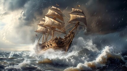 Sailing ship in stormy sea. 3d render illustration.
