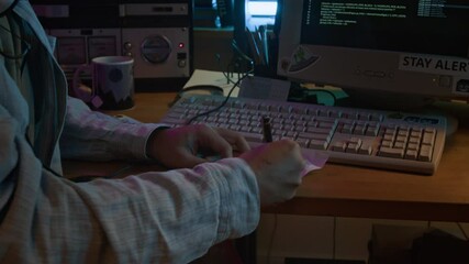 Tilt down shot of male hacker with headphones around neck writing on piece of paper when listening to old tape recording and decoding data at wooden table with retro computer displaying running code