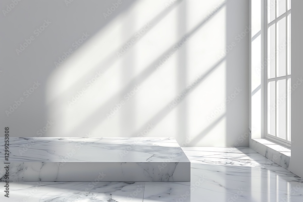 Poster marble platform in the room with window. 3d rendering.