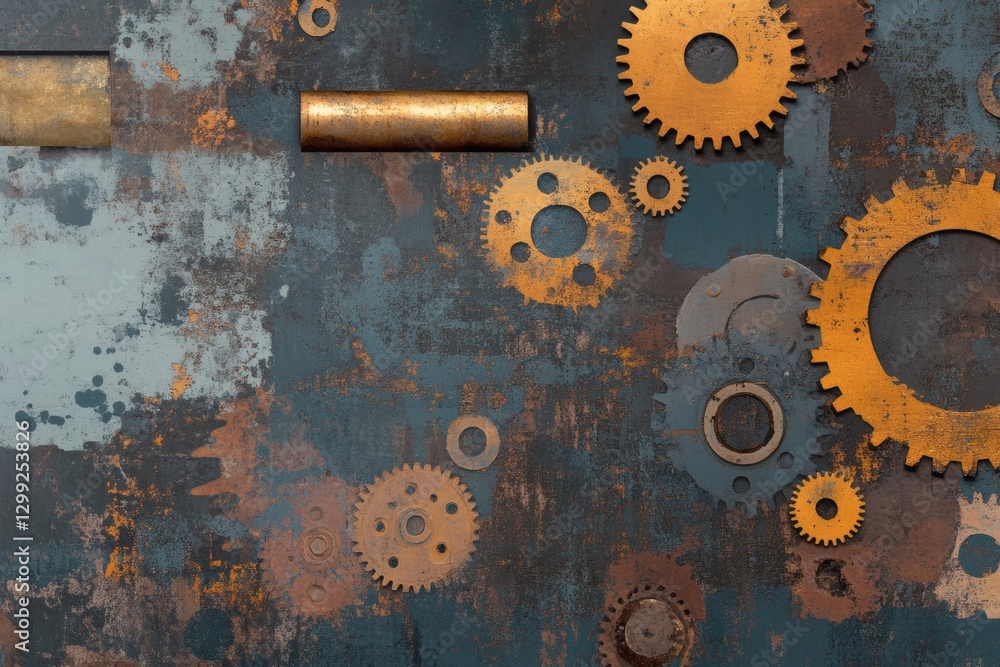 Poster intricate arrangement of gears on a weathered backdrop. generative ai