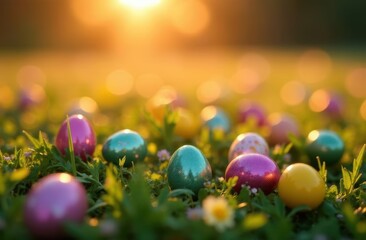 Easter eggs, shiny style, grassy background, celebration concept