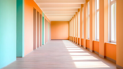 Fototapeta premium Long Hallway with Orange and Teal Walls with Sunlight and Windows