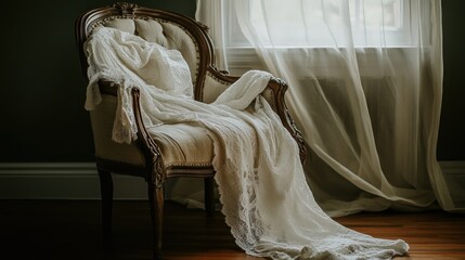 Antique Chair with Lace Wedding Dress Draped Over It