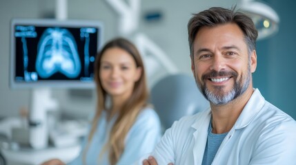 Doctors standing confidently with a patient in a healthcare office showing an X-ray scan. Generative AI