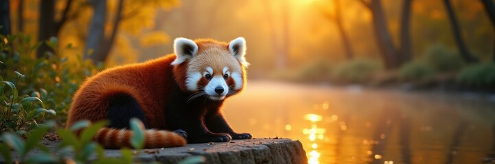 Fototapeta premium A serene red panda sits at the edge of a tranquil river during golden hour, beautifully capturing nature's peaceful essence.
