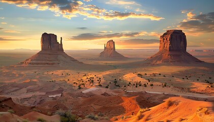 Sunset over Monument Valley in Navajo Tribal Lands of Arizona and Utah USA