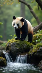 Fototapeta premium A majestic panda stands on a rock by a serene waterfall, surrounded by lush greenery, showcasing the beauty of wildlife in its natural habitat.