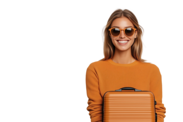 Lächelnde Frau mit Koffer und Sonnenhut – PNG mit transparentem Hintergrund

