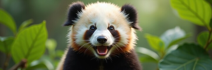 Obraz premium Adorable panda cub with a joyful expression, surrounded by lush green foliage, capturing the essence of wildlife and nature's charm.