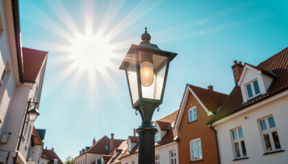 Elegant lamppost reflecting sunlight on village street, charming ambiance