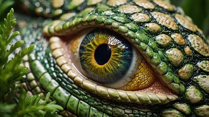 Naklejka premium Close up of a green alligator's eye. Close-up of colorful reptile eye and skin. Amazing Wildlife.
