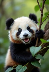 A playful panda cub smiles while climbing a tree, showcasing its iconic black and white fur amidst lush green leaves.