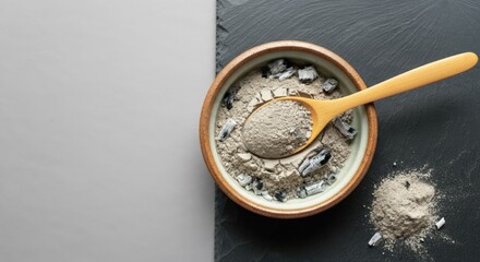 Bowl and spoon with bentonite clay on black surface