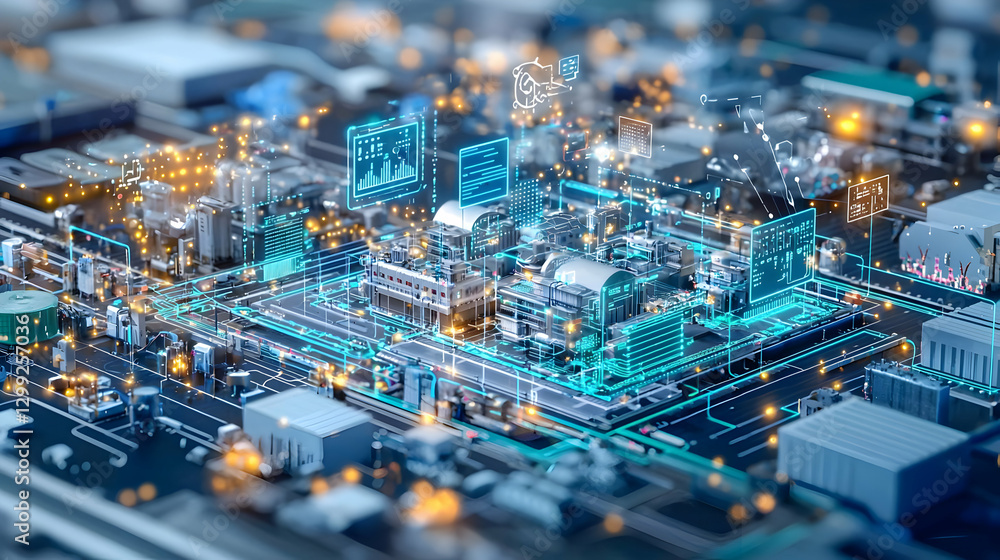 Poster close up view of a digital circuit board with bright blue lights and abstract design