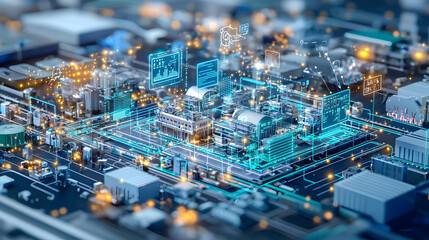 Close Up View Of A Digital Circuit Board With Bright Blue Lights and Abstract Design
