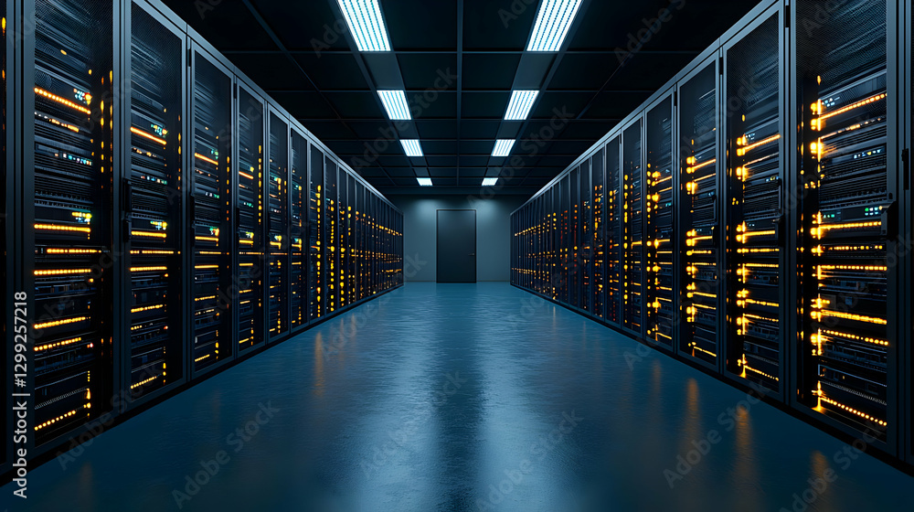 Poster interior view of a data center with rows of server racks lit with blue and orange lights
