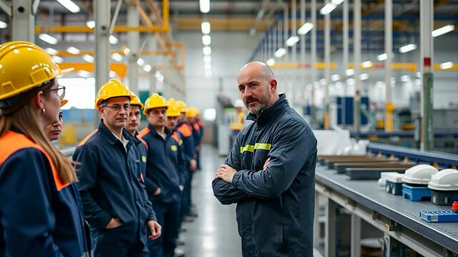 Factory supervisor addressing manufacturing team during morning briefing