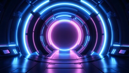 Futuristic tunnel, neon lights, circular arches, red and blue glow, reflective floor, sci-fi corridor, cyberpunk aesthetic, dark background