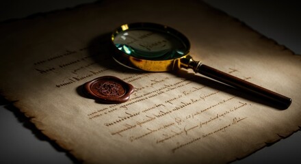 Old document with wax seal and magnifying glass