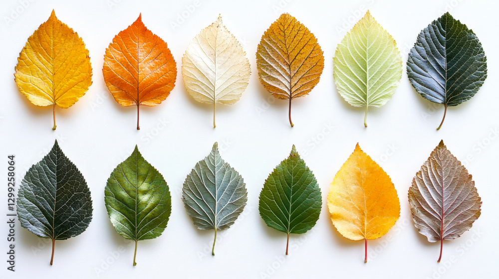 Poster variety of autumn leaves arranged in a grid showcasing different colors and textures on a light back