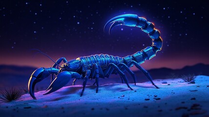 Stealthy Scorpion stalking through the desert at night its segmented tail arched high pincers flexing body glowing faintly under ultraviolet light
