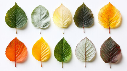 Variety of autumn leaves arranged in a grid showcasing different colors and textures on a light background
