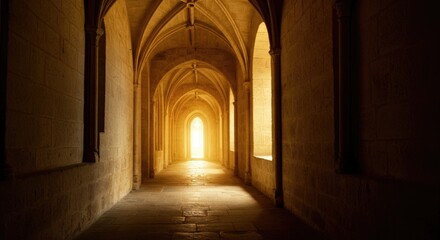 Fototapeta premium Medieval stone corridor with arched ceiling and glowing light at end