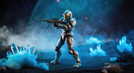 Fototapeta premium Futuristic soldier action figure in space-themed environment with crystals