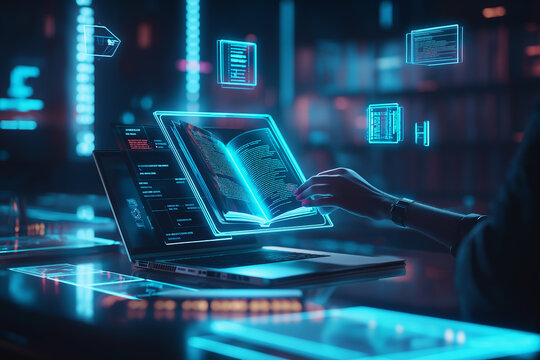 A futuristic AI-powered digital learning environment with holographic displays, virtual tutors, and immersive tech, revolutionizing education through innovation.