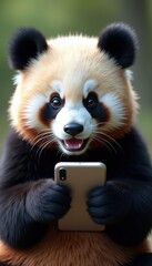 Obraz premium A cheerful panda, holding a smartphone, showcases an engaging blend of wildlife and technology, perfect for digital marketing and promotional materials.