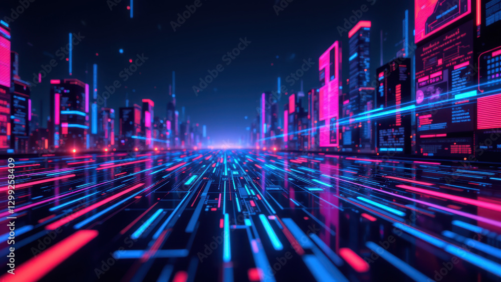 Poster futuristic cityscape with vibrant neon lights symbolizing cloud computing and digital transformation