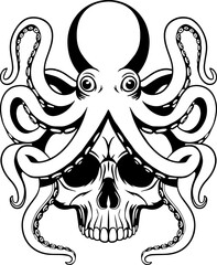 An octopus sits on a tattoo in the shape of a skull
Graphic black and white illustration depicting a sinister skull that merges with an octopus. The tentacles of the sea creature wrap around the skull