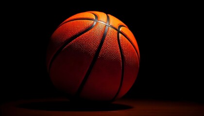 Fototapeta premium Un primer plano de estudio de una pelota de baloncesto sobre un fondo negro, iluminado para resaltar su textura y forma
