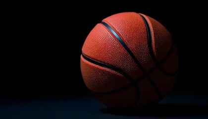 Un primer plano de estudio de una pelota de baloncesto sobre un fondo negro, iluminado para resaltar su textura y forma